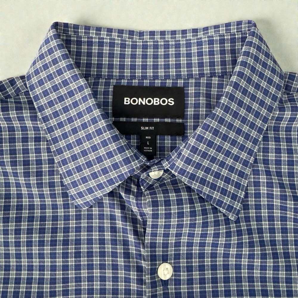 Bonobos Slim Fit Dress Shirt Men L Blue Striped Micro Check Performance Stretch